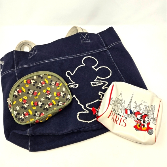 DISNEY PARKS WDW NAVY BLUE CANVAS TOTE BAG MICKEY MOUSE & PARIS BAG LOT 3 TRAVEL - Picture 1 of 16